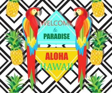 Papağan, egzotik çiçekler ve ananas. Siyah süsleme. Vektör geometrik çizim. Tropikal yaz Poster.