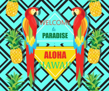 Papağan, egzotik çiçekler ve ananas. Siyah süsleme. Vektör geometrik çizim. Tropikal yaz Poster.