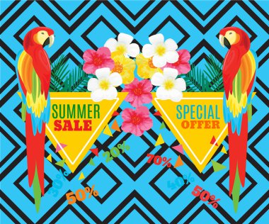 Yaz sıcak satış Poster. Papağan, egzotik çiçekler ve palmiye yaprakları. Vektör geometrik promosyon çizim.