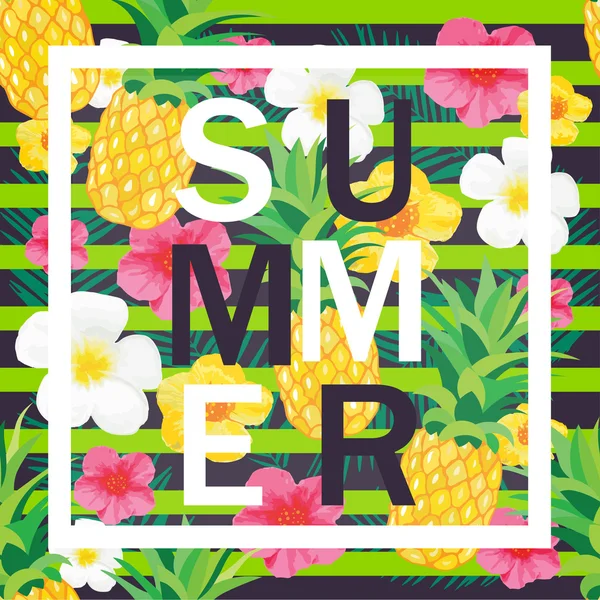 Sfondo tropicale con ananas, fiori esotici. Summer Header. Illustrazione vettoriale per banner, sfondo, t-shirt, poster, tessile — Vettoriale Stock