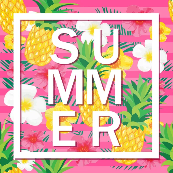 Tropical Background with Pineapple, Exotic Flowers. Summer Word. Vector Illustration for Banner, Backdrop, t-shirt, Poster, Textile — Stock Vector