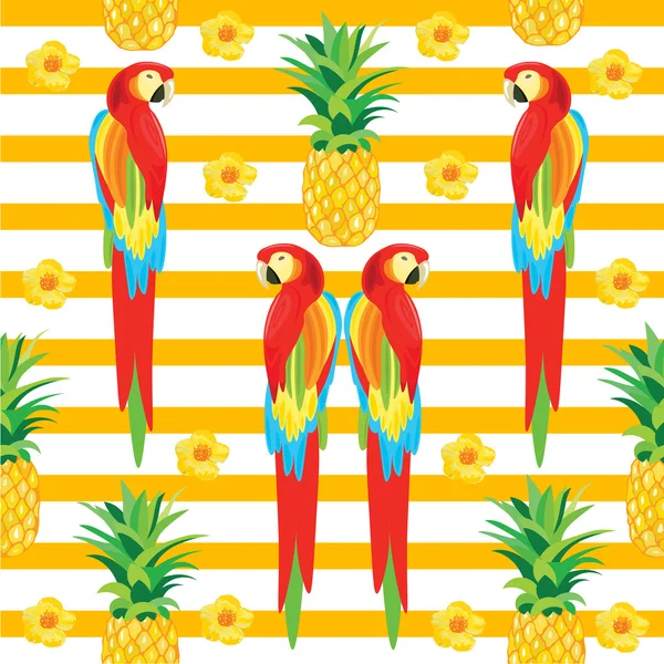 Papagaio e abacaxi sem costura padrão. Flores exóticas. Ilustração tropical de verão para papel de parede, fundo, invólucro ou têxtil —  Vetores de Stock