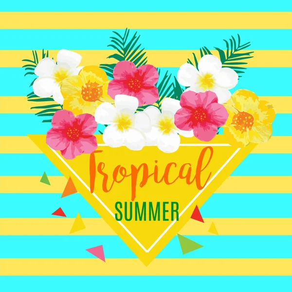 Tropisk sommar affisch med exotiska blommor, palmblad. Vektor Illustration för Banner, bakgrund, t-shirt, affisch, textil — Stock vektor