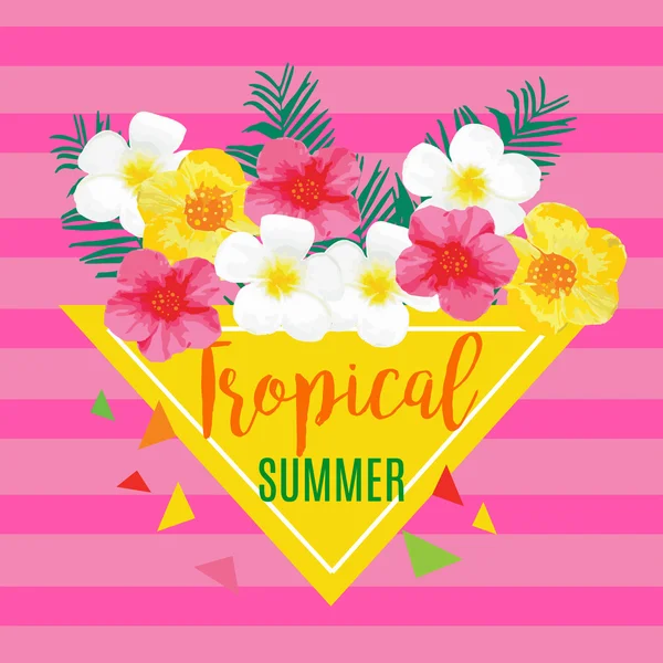 Tropisk sommar affisch med ananas, exotiska blommor, Palm lämnar. Vektor Illustration för Banner, bakgrund, t-shirt, affisch, textil — Stock vektor