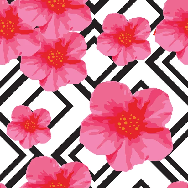 Flores rosadas brillantes Patrón sin costura con ornamento geométrico. Rayas negras. Ilustración vectorial — Archivo Imágenes Vectoriales