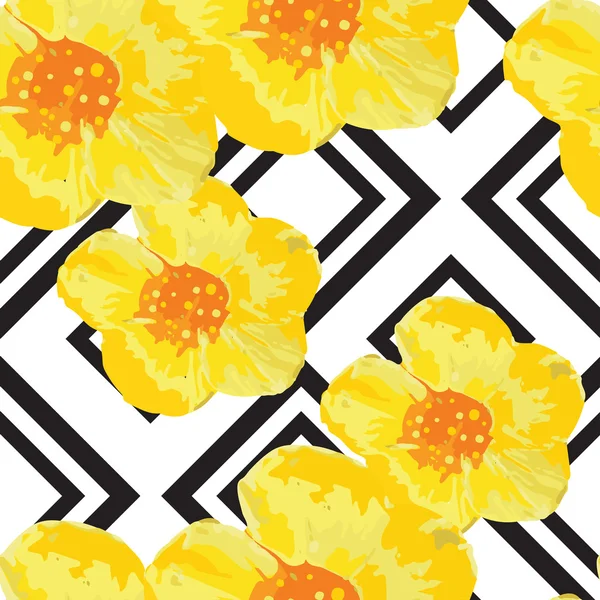 Heldere gele bloemen naadloze patroon met geometrische Ornament. Zwarte strepen. Vectorillustratie — Stockvector