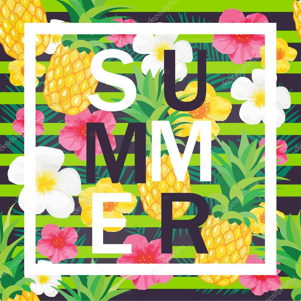 パイナップル エキゾチックな花と熱帯の背景 夏のヘッダー バナー用ベクトルイラスト 背景 Tシャツ ポスター テキスタイル ストックベクター C Sunnyred