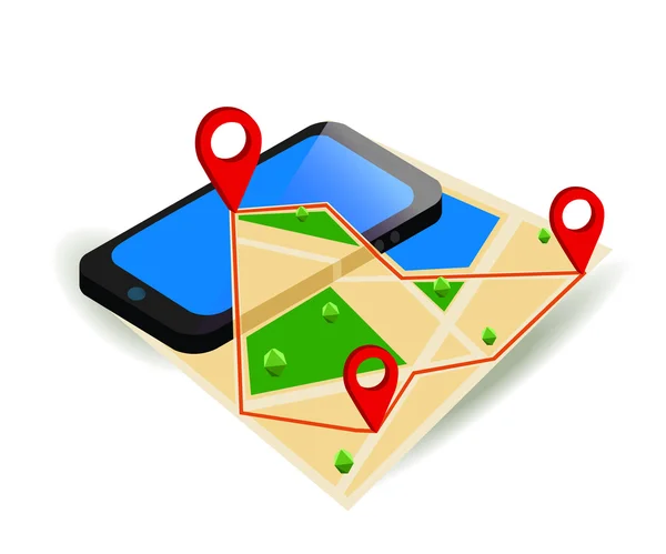 Mappa di navigazione GPS mobile e pin marker con moderno dispositivo digitale. Stile isometrico piatto. Concetto infografico Web Banner. Illustrazione vettoriale . — Vettoriale Stock