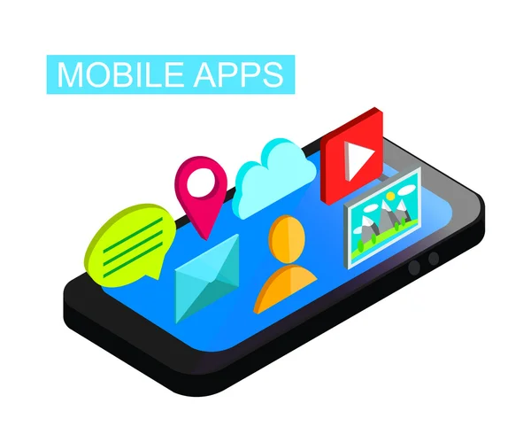 Telefono isometrico piatto 3d con concetto di sviluppo dell'interfaccia utente. Mobile Apps marketing Design. Illustrazione vettoriale . — Vettoriale Stock