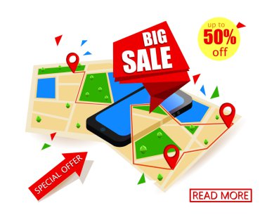 Isometric smartphone with map and tags. Online Big Sale Concept Design. Map Navigation. Mobile marketing and personalizing. Vector Illustration. clipart