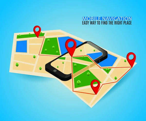 Mapa de navegação GPS móvel e marcador de pinos com dispositivo digital moderno. Estilo isométrico plano. Infográfico Conceito Web Banner. Ilustração vetorial . —  Vetores de Stock