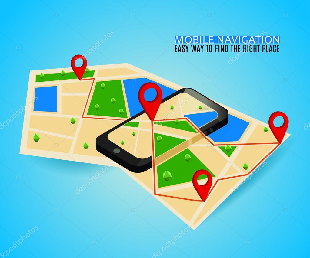 Mobile GPS navigation map and pin marker with modern digital device