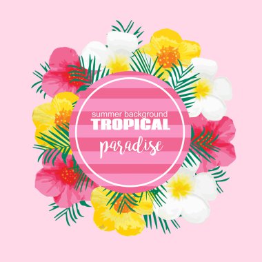 Tropikal yaz Poster egzotik çiçekler, palmiye yaprakları ile. Vektör gösterim amacıyla afiş, zemin, t-shirt, tebrik kartı, tekstil