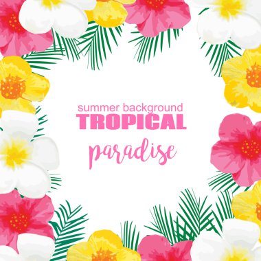 Tropikal yaz Poster egzotik çiçekler, palmiye yaprakları ile. Vektör gösterim amacıyla afiş, zemin, t-shirt, tebrik kartı, tekstil