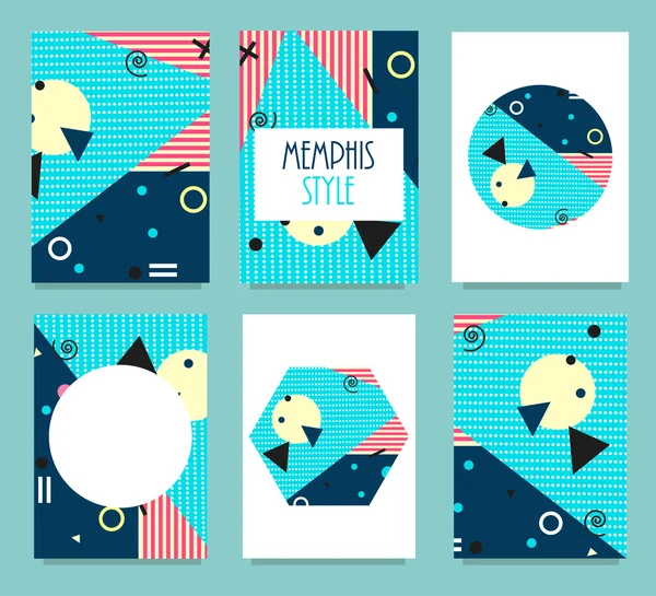 Conjunto de cartas estilo Memphis con elementos geométricos. Typography for Postcards, Banners, Reports, Posters. Portadas para Libros, Revistas, Invitaciones. Color brillante fondo Hipster. Ilustración vectorial . — Vector de stock