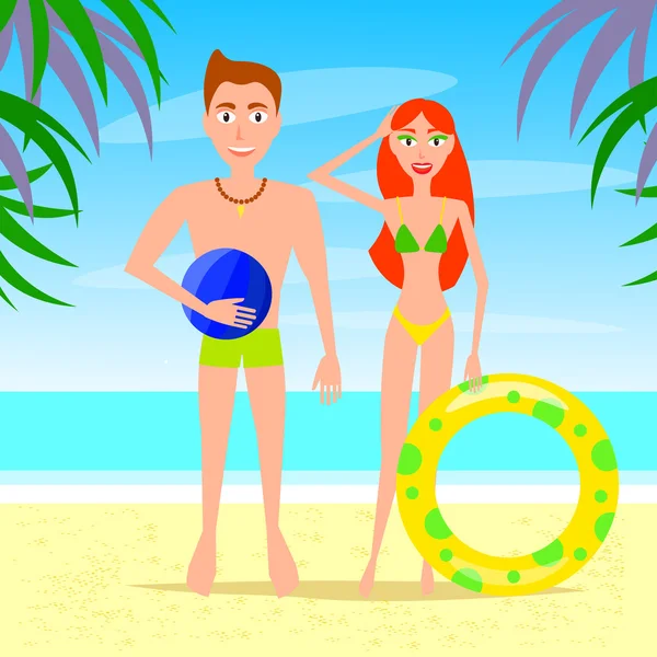 Мужчина и женщина отдыхают на пляже. Персонажи векторной пары . — стоковый вектор