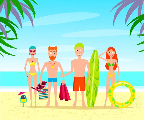 Group of People Relaxing On The Beach. Vector Characters. — Stock Vector