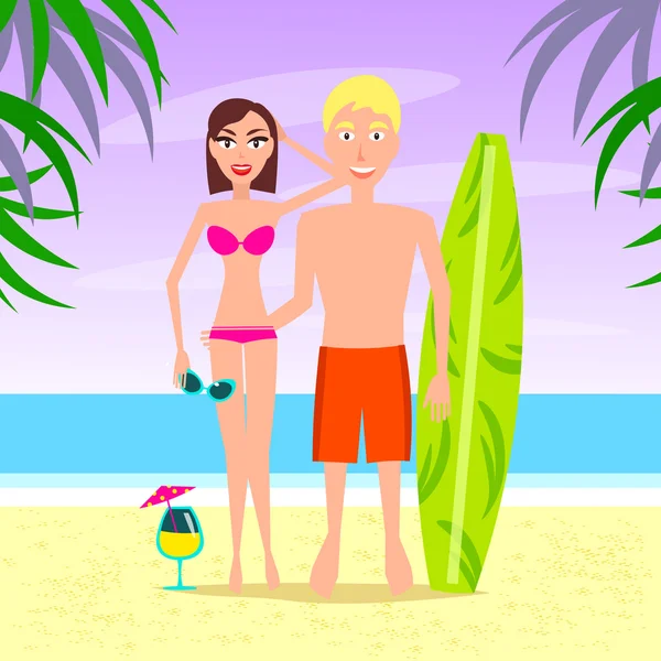 Άνδρας και γυναίκα να χαλαρώνεις στην παραλία. Οι χαρακτήρες διανυσματικής ζευγάρι. — Διανυσματικό Αρχείο