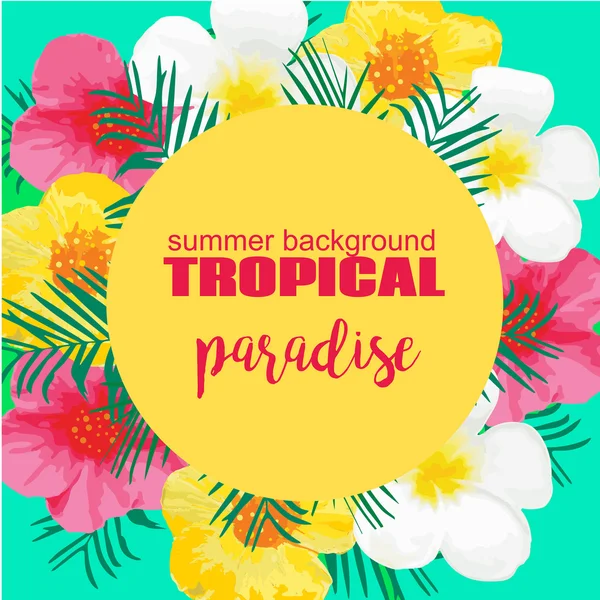 Cartaz de verão tropical com flores exóticas, folhas de palmeira. Ilustração vetorial para banner, pano de fundo, t-shirt, cartão de saudação, têxtil —  Vetores de Stock