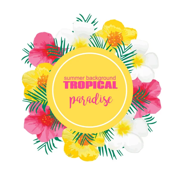 Cartel de verano tropical con flores exóticas, hojas de palma. Ilustración vectorial para pancarta, telón de fondo, camiseta, tarjeta de felicitación, textil — Archivo Imágenes Vectoriales