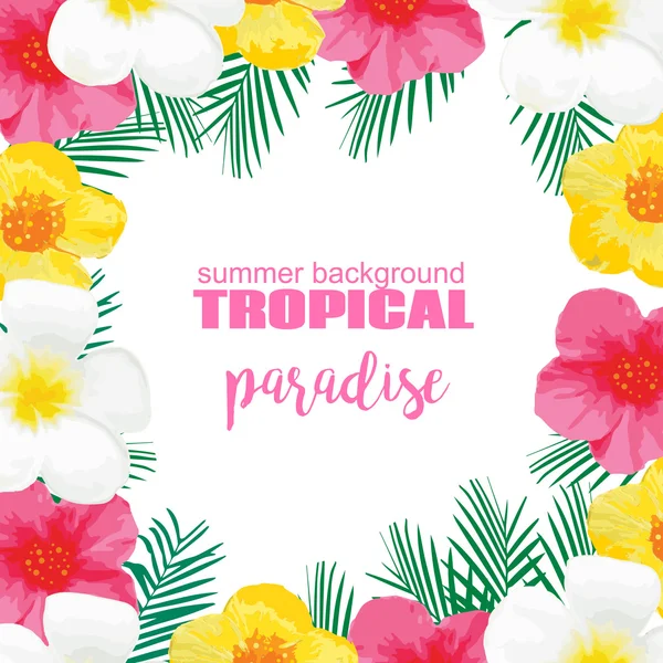 Cartaz de verão tropical com flores exóticas, folhas de palmeira. Ilustração vetorial para banner, pano de fundo, t-shirt, cartão de saudação, têxtil —  Vetores de Stock