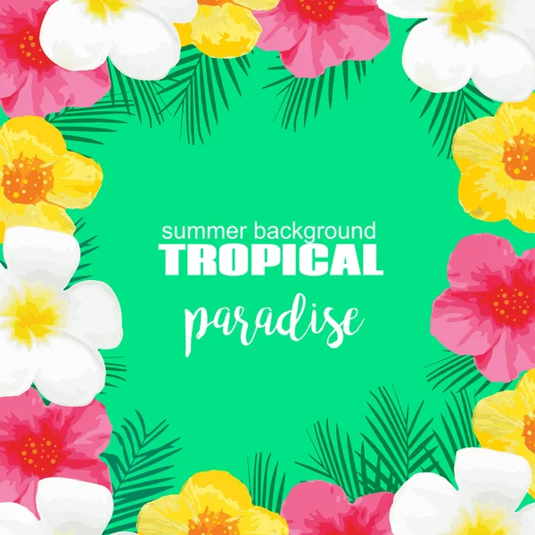 Cartaz de verão tropical com flores exóticas, folhas de palmeira. Ilustração vetorial para banner, pano de fundo, t-shirt, cartão de saudação, têxtil —  Vetores de Stock