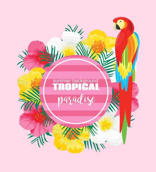 热带夏天海报与鹦鹉，充满异国情调的花朵，棕榈叶。矢量图横幅、 背景、 t 恤、 贺卡、 纺织 — 图库矢量图片