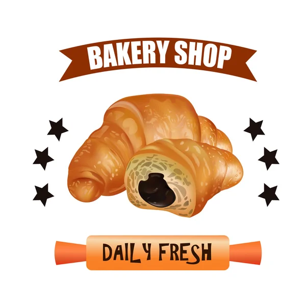 Pékség Shop Label design szett. Friss és ízletes desszertek. Napi friss. Croissant, szalagok és csillagok. Vektoros illusztráció. — Stock Vector