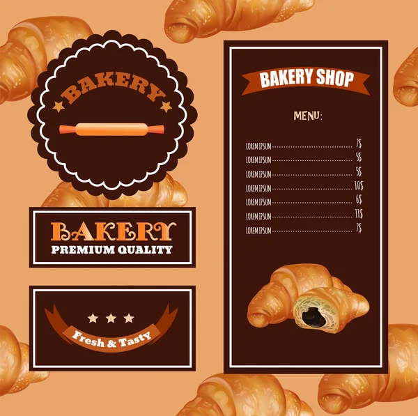 Diseño de menú para hornear. Panadería, Café, Mercado. Patrón con emblemas de croissant y logotipo. Plantilla de precio . — Vector de stock