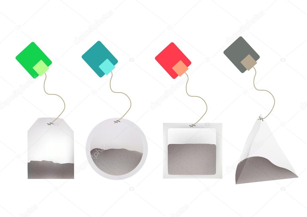Tea Bags Illustration with Labels In Round, Rectangle, Square, Pyramid Shapes. Vector Template Illustration For Your Design. Isolated On White Background.