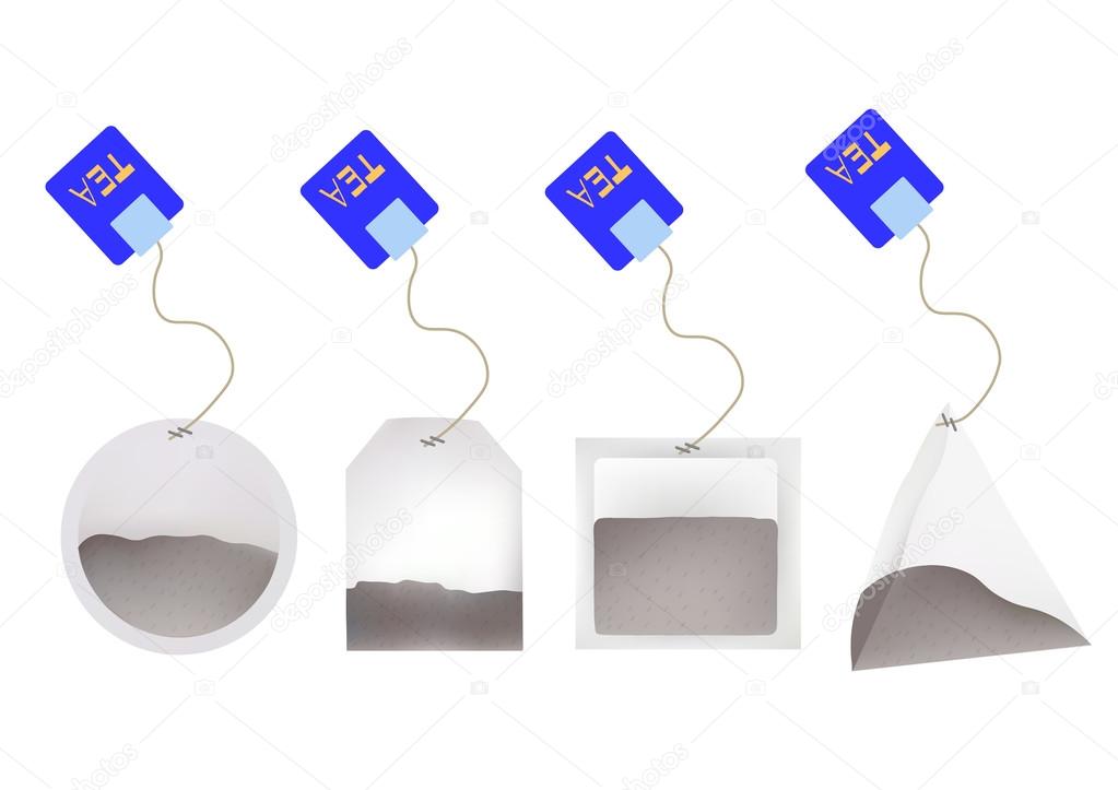 Tea Bags Illustration with Labels In Round, Rectangle, Square, Pyramid Shapes. Vector Template Illustration For Your Design. Isolated On White Background.