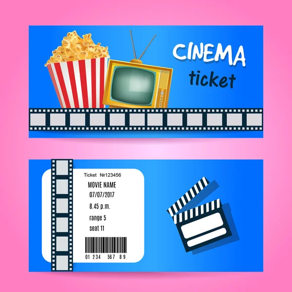 Cinema Ticket Concept. Vector Design with TV and PopCorn. Realistic Illustration, — Stock Vector