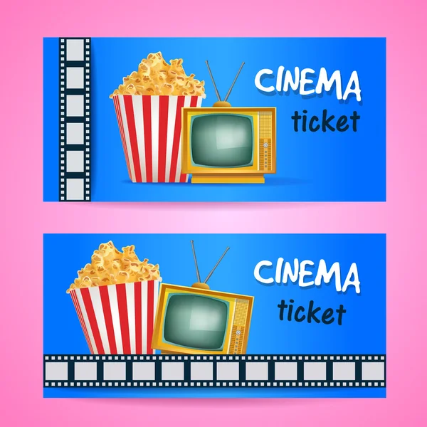 Cinema Ticket Concept. Vector Design with TV and PopCorn. Realistic Illustration, — Stock Vector