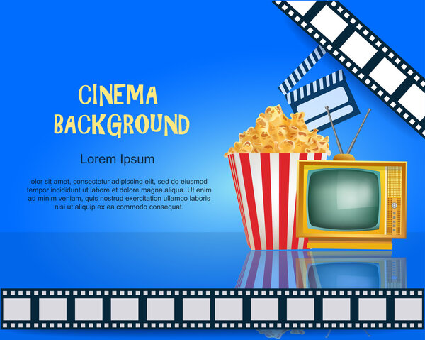 Realistic Cinema Background. Movie Premiere Poster. Template Banner with TV, Popcorn, Clapper and Film. Vector Detailed Illustration on Blue Background.