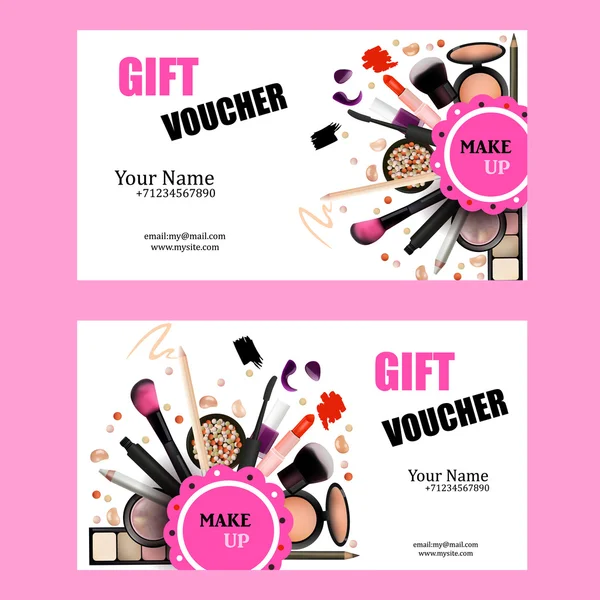 Hediye Çeki Kart Tasarım Seti. Kalem, Eyeshadow, Pudra, Lipstic, Maskara, Fırça ile Sanatçı Vektör İllüstrasyon Makyaj için Kozmetik Ürünler. Banner, Poster, Fiş, Kitapçık için Yazdırılabilir Şablon.