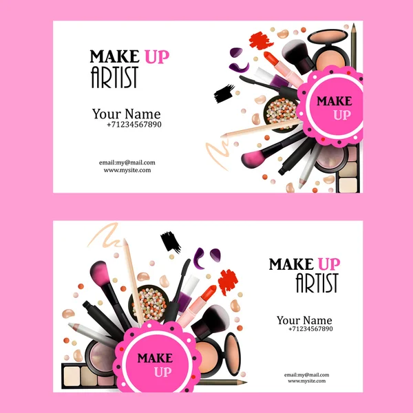 Make-up artiest visitekaartje ontwerpset. Cosmetische producten vector illustratie met potlood, oogschaduw, poeder, Lipstic, mascara, borstel. Afdrukbare sjabloon voor banner, poster, voucher, boekje. — Stockvector