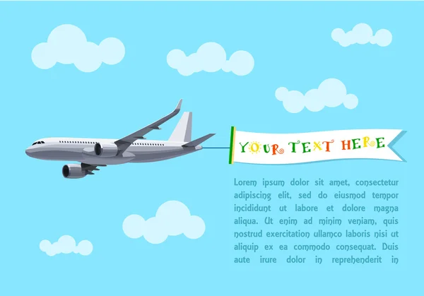 Fliegendes Flugzeug mit Banner für Ihren Text, Werbung, Header. flaches Vektordesign. Vorlagenkonzept für ein Text-Web-Banner oder druckbare Karten, Postkarten — Stockvektor