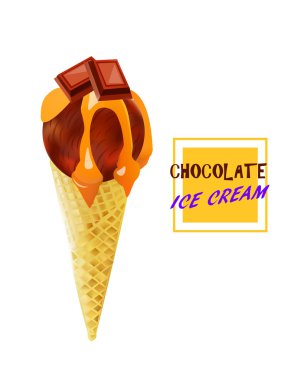 Çikolatalı Dondurma Külahı. Sıvı Karamel ile Tatlı Lezzet. Vektör İzole Ürün.