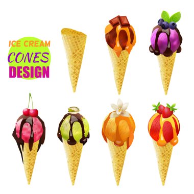 Dondurma Konileri. Vektör Tasarımı. Farklı Tatlar.
