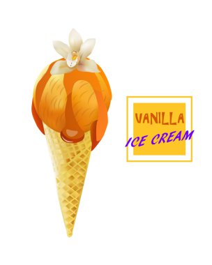 Vanilyalı Dondurma Külahı. Sıvı Karamel ile Lezzetli Lezzet. Vektör İzole Ürün.