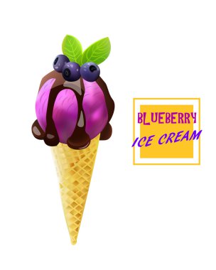 Yaban Mersini Dondurma Külahı. Sıvı çikolata ile Berry Flavor. Vektör İzole Ürün.