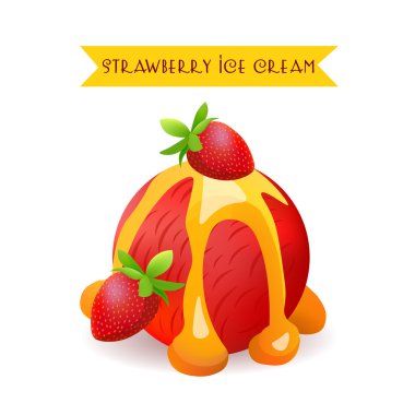 Çilekli Dondurma Kepçesi. Sıvı Karamel ile Berry Flavor. Vektör İzole Ürün.