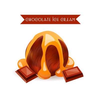 Çikolatalı Dondurma Kepçesi. Sıvı Karamel ile Tatlı Lezzet. Vektör İzole Ürün.