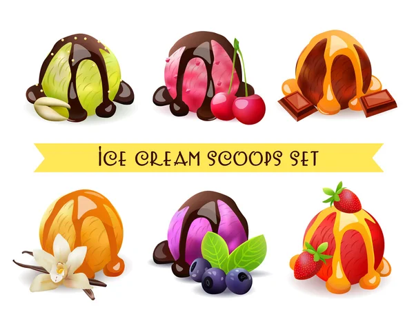 Ice Cream Scoops set. Pistache, Cherry, chocolade, vanille, Blueberry, aardbei smaak. vector illustratie. — Stockvector