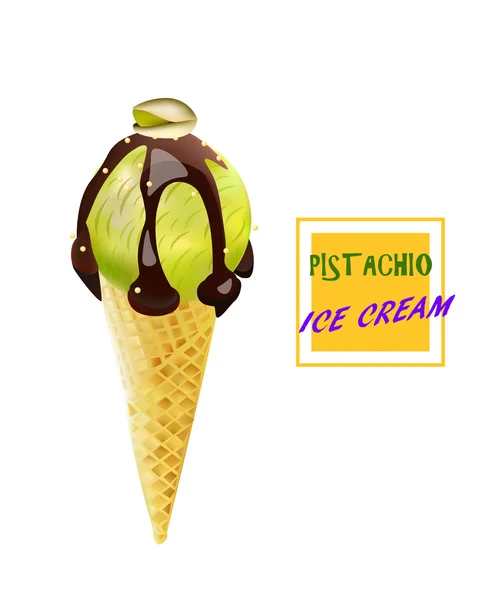 Gelado de pistache Cone. Sabor de noz com chocolate líquido. Produto isolado vetorial . — Vetor de Stock