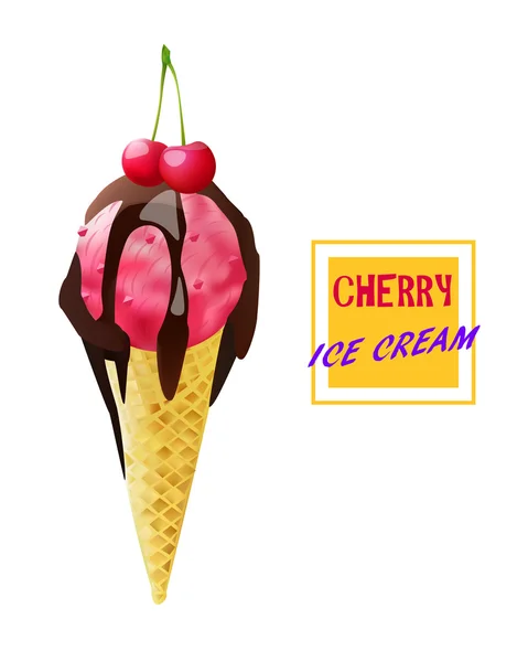 樱桃冰淇淋圆锥。浆果口味与液体巧克力。矢量隔离产品. — 图库矢量图片
