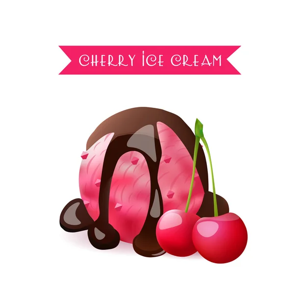 Cherry Ice Cream scoop. Bessensmaak met vloeibare chocolade. Vector geïsoleerd product. — Stockvector