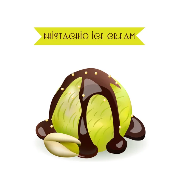 Pistachio Ice Cream Scoop. Sabor de noz com chocolate líquido. Produto isolado vetorial . — Vetor de Stock
