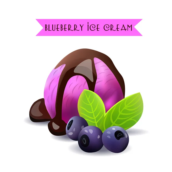 蓝莓冰淇淋勺。浆果口味与液体巧克力。矢量隔离产品. — 图库矢量图片