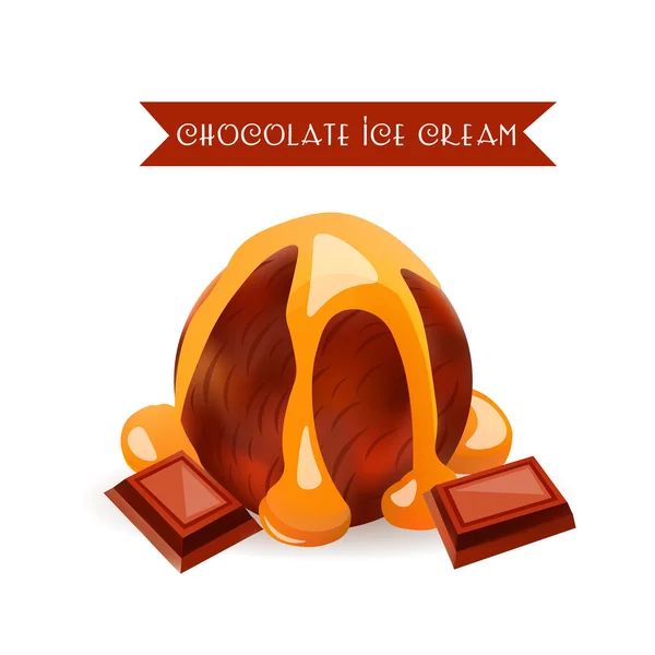 Chocolade ijs schep. Dessert smaak met vloeibare karamel. Vector geïsoleerd product. — Stockvector